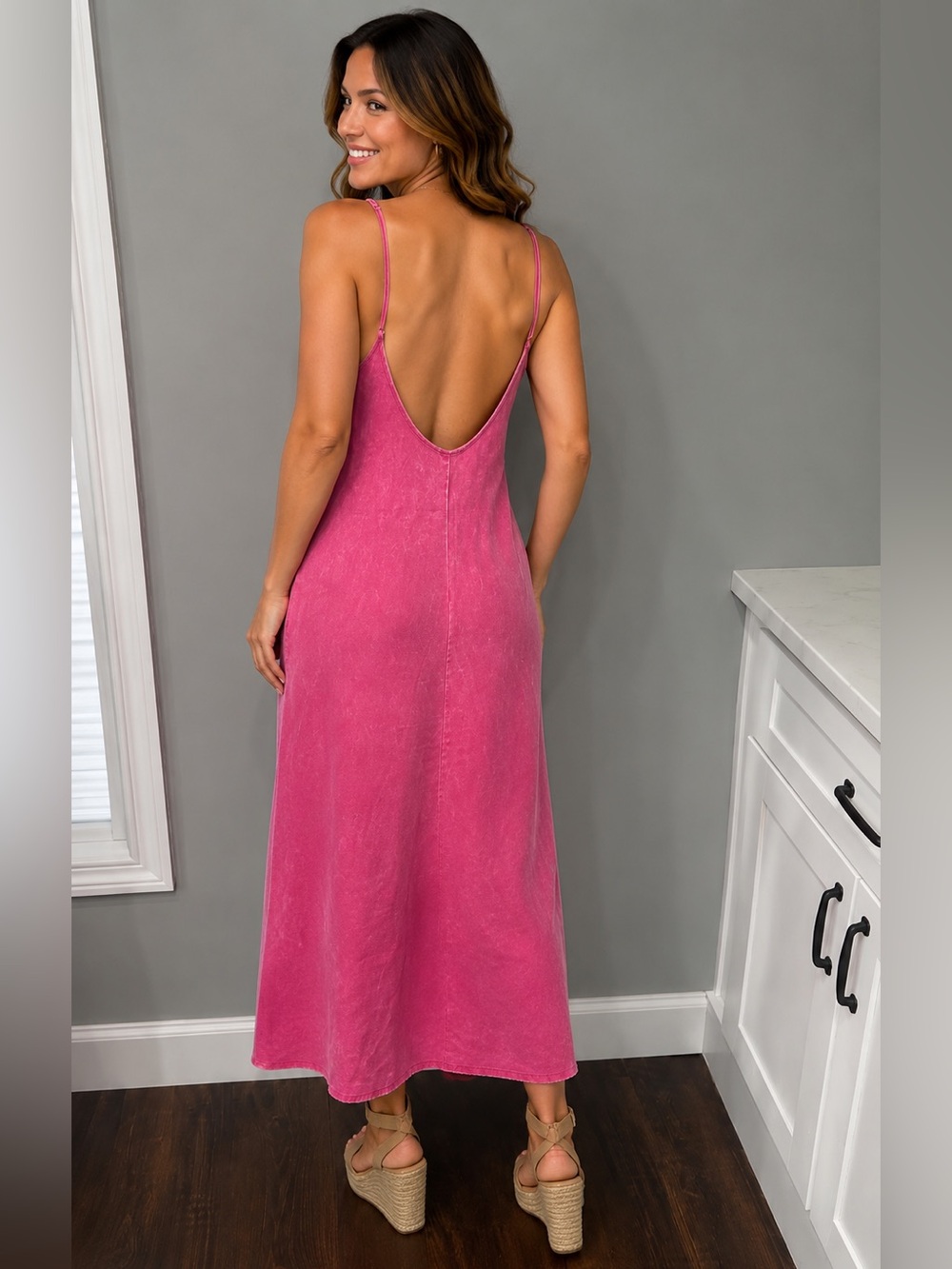 Zenana Tencel Mineral Washed Maxi Dress in Hot Pink. - Picture 2 of 8